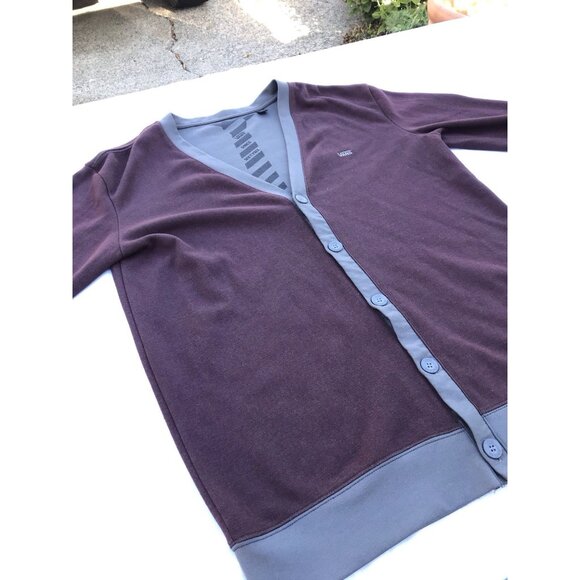 VANS Poly Cotton Button Up Cardigan Sweater Maroon Gray Men’s L Retro Jacket EUC - Picture 2 of 14